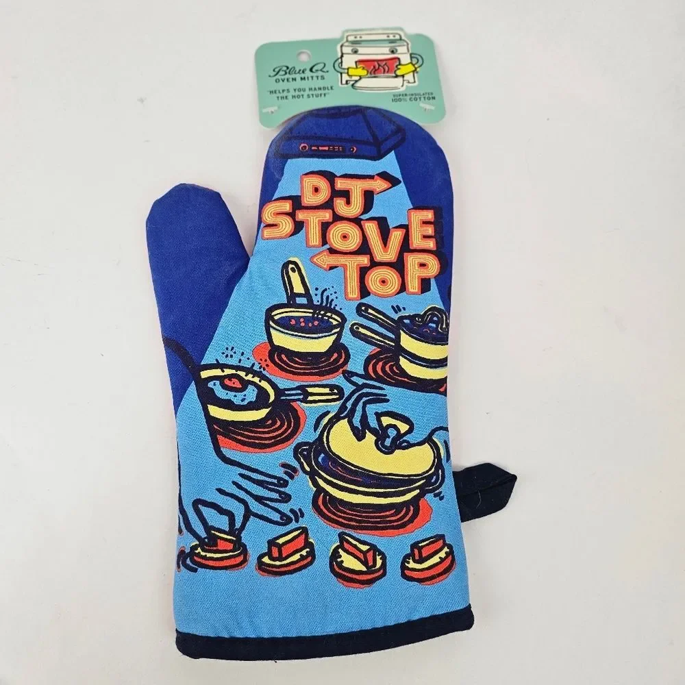 Blue Q Blue Oven Mitt with Retro 'DJ STOVE TOP' Graphic